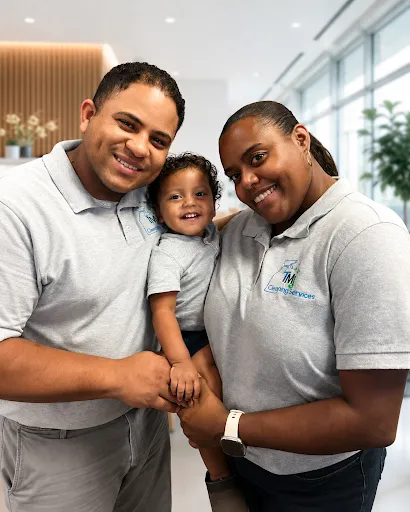 The TMJ Cleaning Services founders, a husband-and-wife team, in matching company shirts.