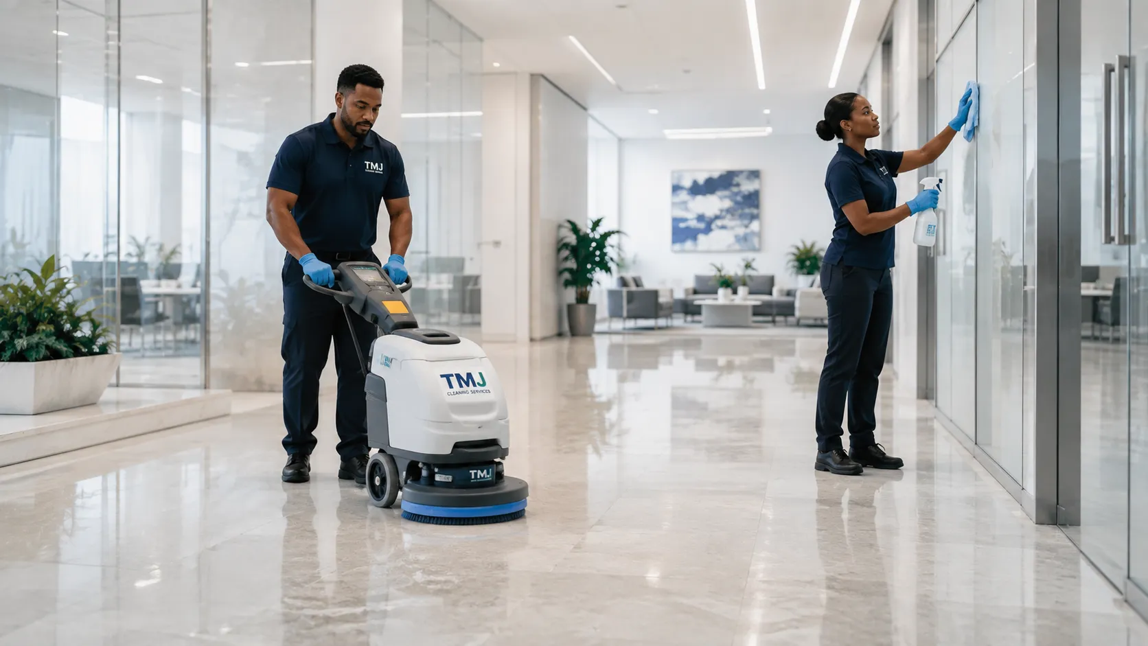 A professional using floor-care equipment to deep clean a commercial space.