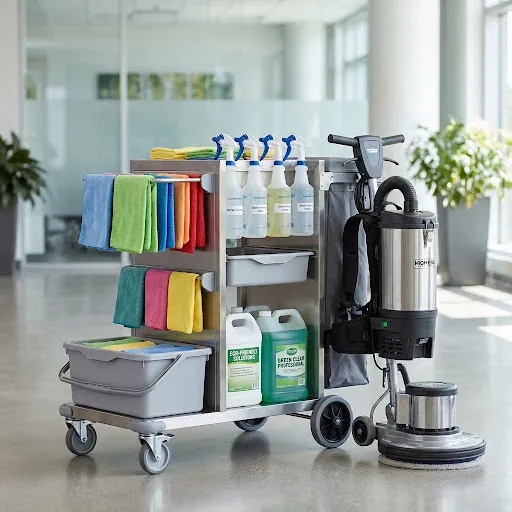 Professional-grade cleaning tools and eco-friendly supplies organized on a janitorial cart.
