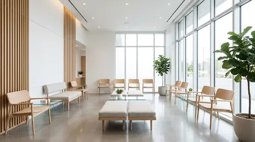 A pristine, bright medical clinic waiting area with clean modern furniture.