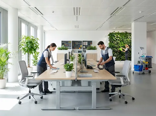 A bright, modern corporate office that is clean, polished, and organized.
