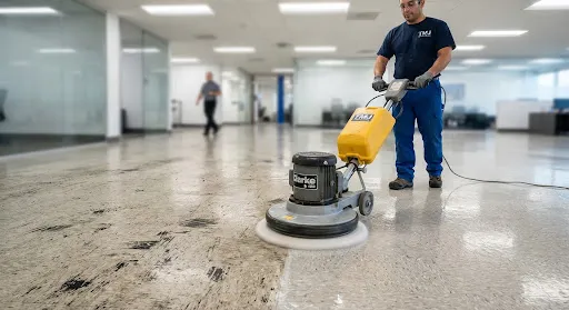 A professional using floor-care equipment to deep clean a commercial space.