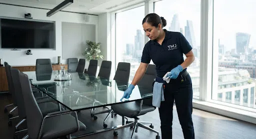 A uniformed cleaning professional inspecting and cleaning a modern corporate boardroom.